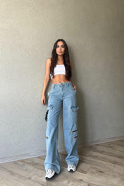 Mavi Kargo Cepli Fermuar Detaylı Wide Leg Jean SY-1829-Mavi