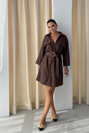 Kahve Keten Kuşaklı Gömlek Elbise SY-3213-Kahve