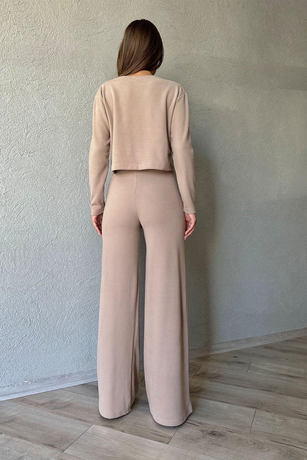 Camel Fitilli Beli Lastikli Pantolon Ve Bluz Takım SY-1076-Camel