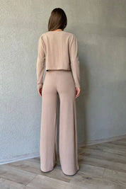 Camel Fitilli Beli Lastikli Pantolon Ve Bluz Takım SY-1076-Camel