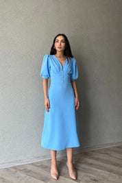 Bebe Mavi İnci Düğme Detay Elbise SY-0351-Bebe Mavi