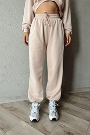 Bej Uzun Kollu Crop Eşofman Takımı SY-1154-Bej