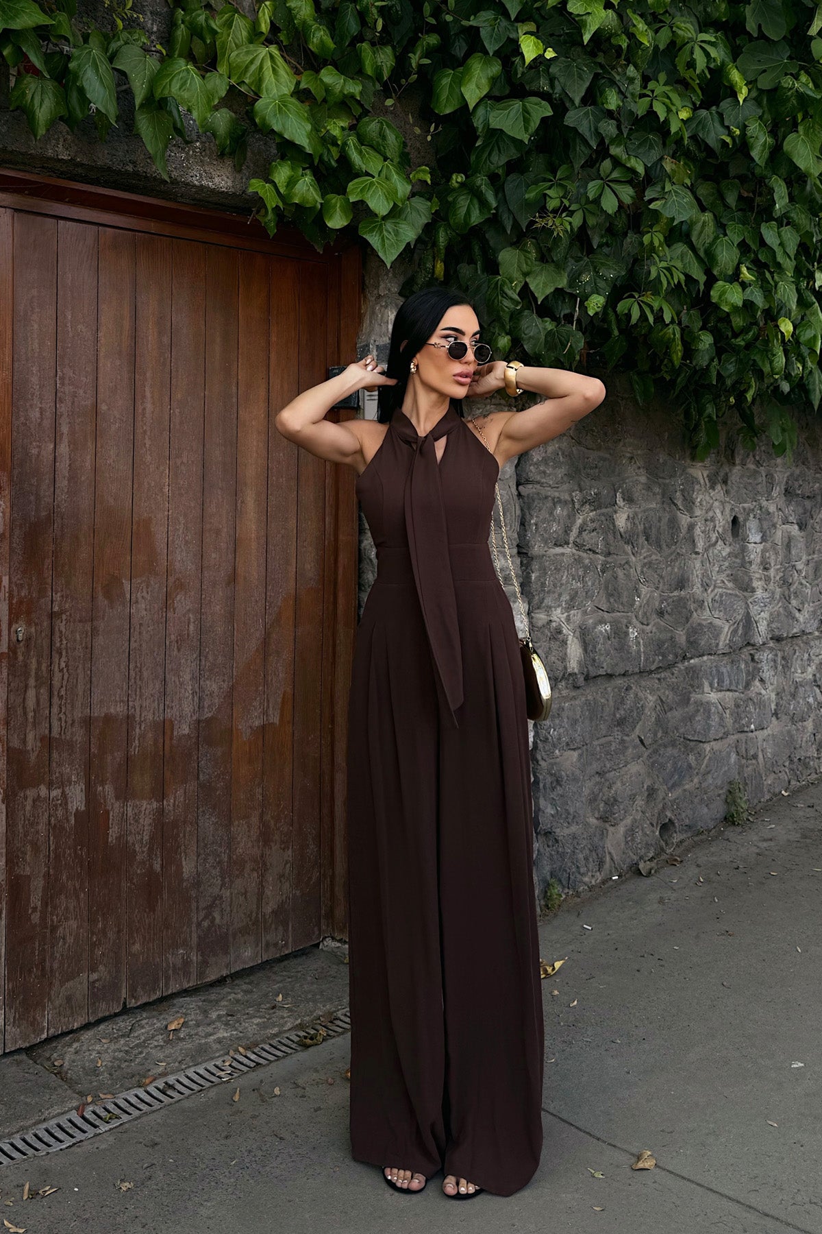 Kahve Rahat Kesim Bağlama Detaylı Tulum SY-3197-Kahve