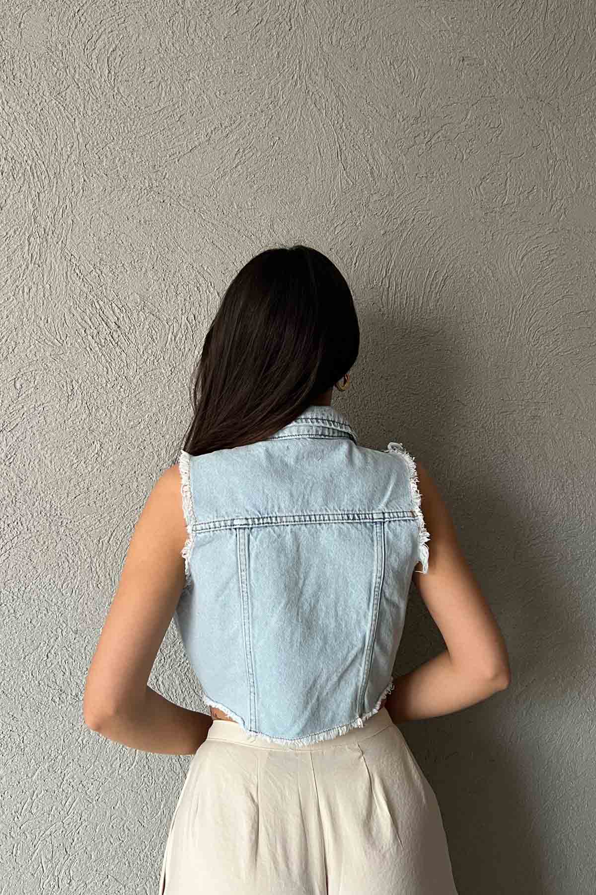 Mavi Kar Yıkamalı Yırtık Detaylı Crop Jean Yelek SY-2004-Mavi