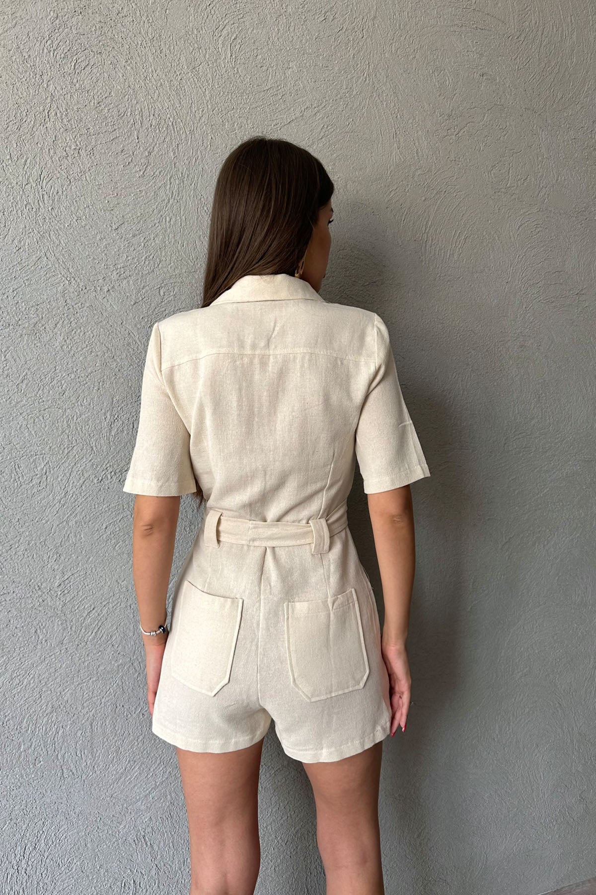 Naturel Düğmeli Kuşaklı Kısa Tulum SY-0563-Naturel