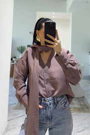 Kahve Şal Detaylı Çizgili Gömlek SY-3622-Kahve