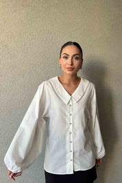 Beyaz Bebe Yaka Taş Düğme Detaylı  Balon Kol Gömlek SY-1819-Beyaz