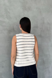 Ekru Lacivert Çizgili Gold Düğme Triko Yelek SY-2666-Ekru