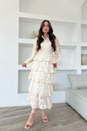 Bej Valonlu Şerit Detaylı Kat Kat Elbise SY-1747-Bej