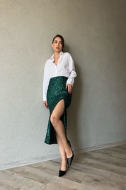 Petrol Yeşili Pullu Fermuarlı Yırtmaç Detaylı Midi Etek SY-1327-Petrol Yeşili