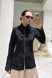 Beli Oturmalı Klasik Yaka Siyah Gömlek SY-3589-Siyah