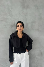 Siyah Gipeli Crop Gömlek Poplin Takım SY-2466-Siyah