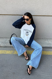 Ekru Reglan Kol Baskılı Bisiklet Yaka İnce Sweatshirt SY-3316-Ekru