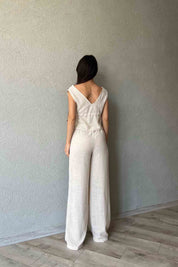 Taş Hasır Boncuk Kemer Detaylı Pantolon SY-2702-Taş