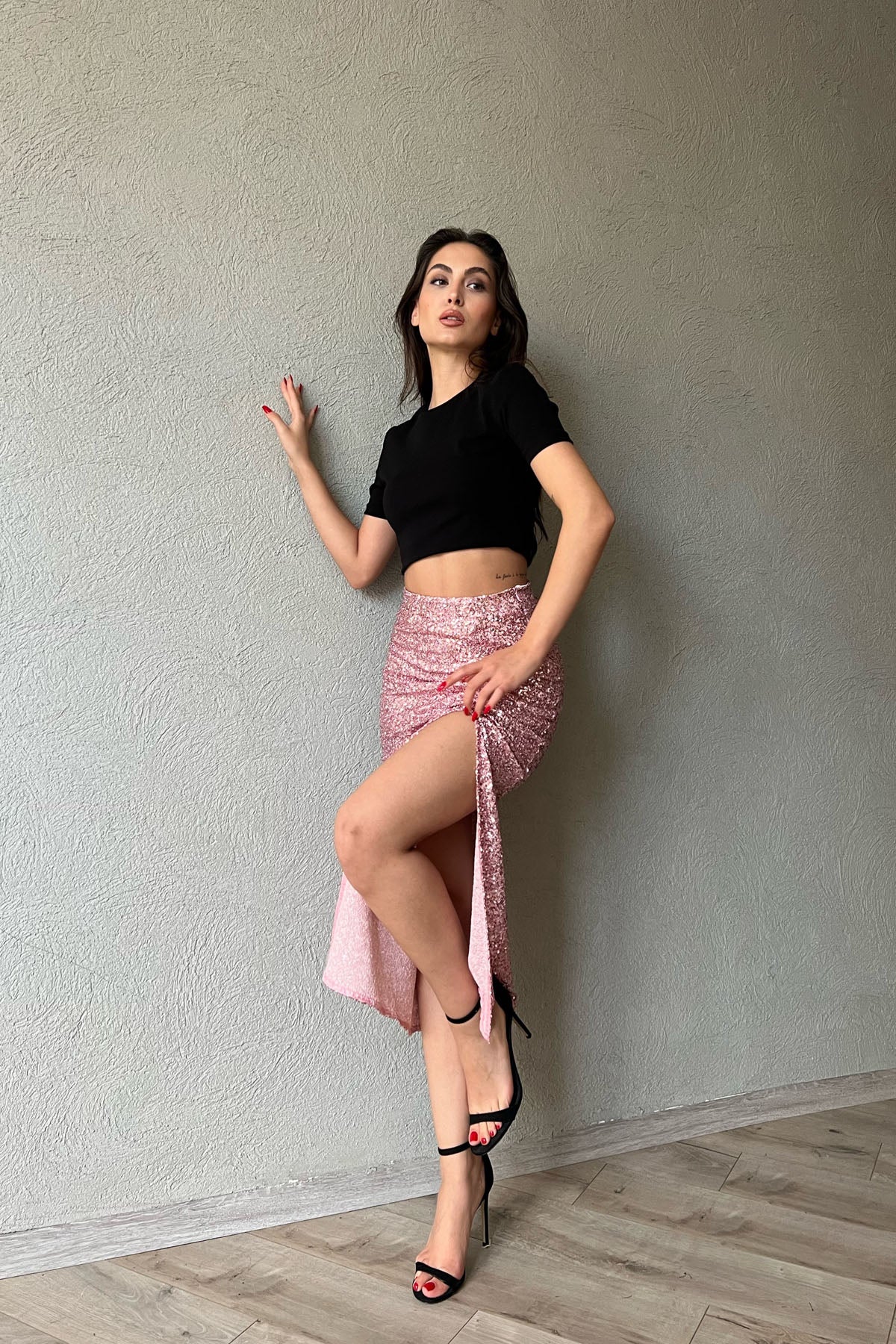 Pudra Pullu Fermuarlı Yırtmaç Detaylı Midi Etek SY-1327-Pudra