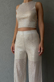 Bej Pullu Transparan Bluz ve Beli Lastikli Pantolon Takım SY-1141-Bej