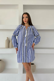 Mavi Püsküllü Çizgili Keten Elbise SY-0485-Mavi
