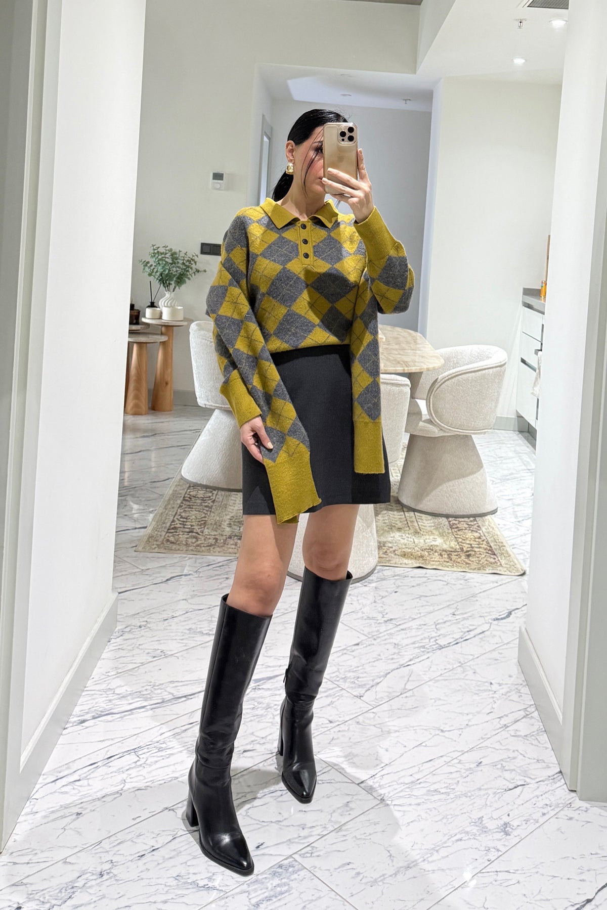 Kendinden Şallı Baklava Desenli Polo Yaka Triko SY-3563-Yağ Yeşili