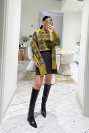 Kendinden Şallı Baklava Desenli Polo Yaka Triko SY-3563-Yağ Yeşili