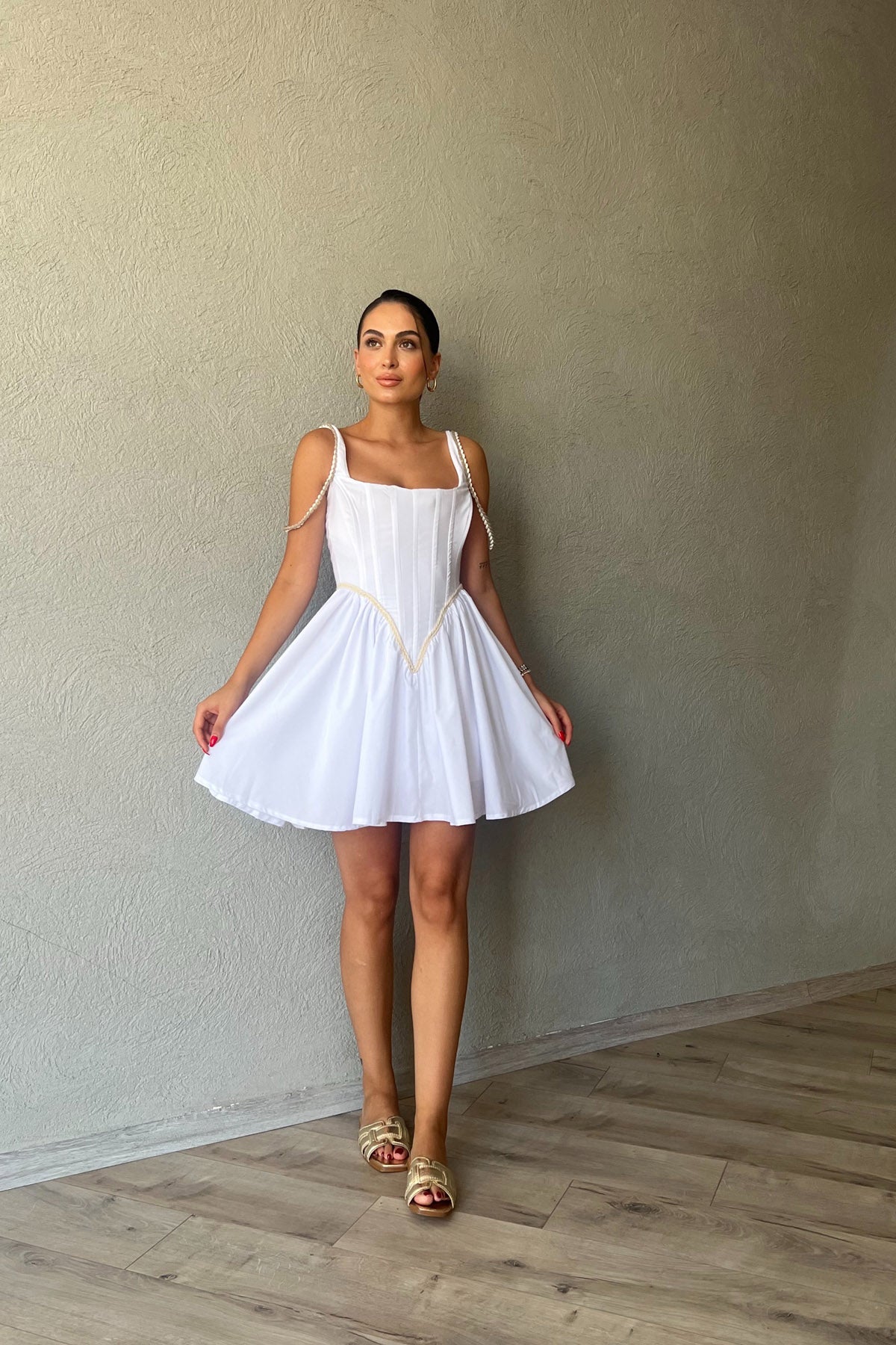 Beyaz Ravello Korse Detay Elbise SY-2375-Beyaz