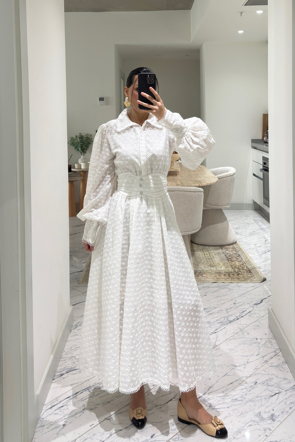 Dantel Motifli Midi Brode Elbise SY-3630-Beyaz