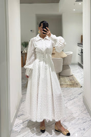 Dantel Motifli Midi Brode Elbise SY-3630-Beyaz