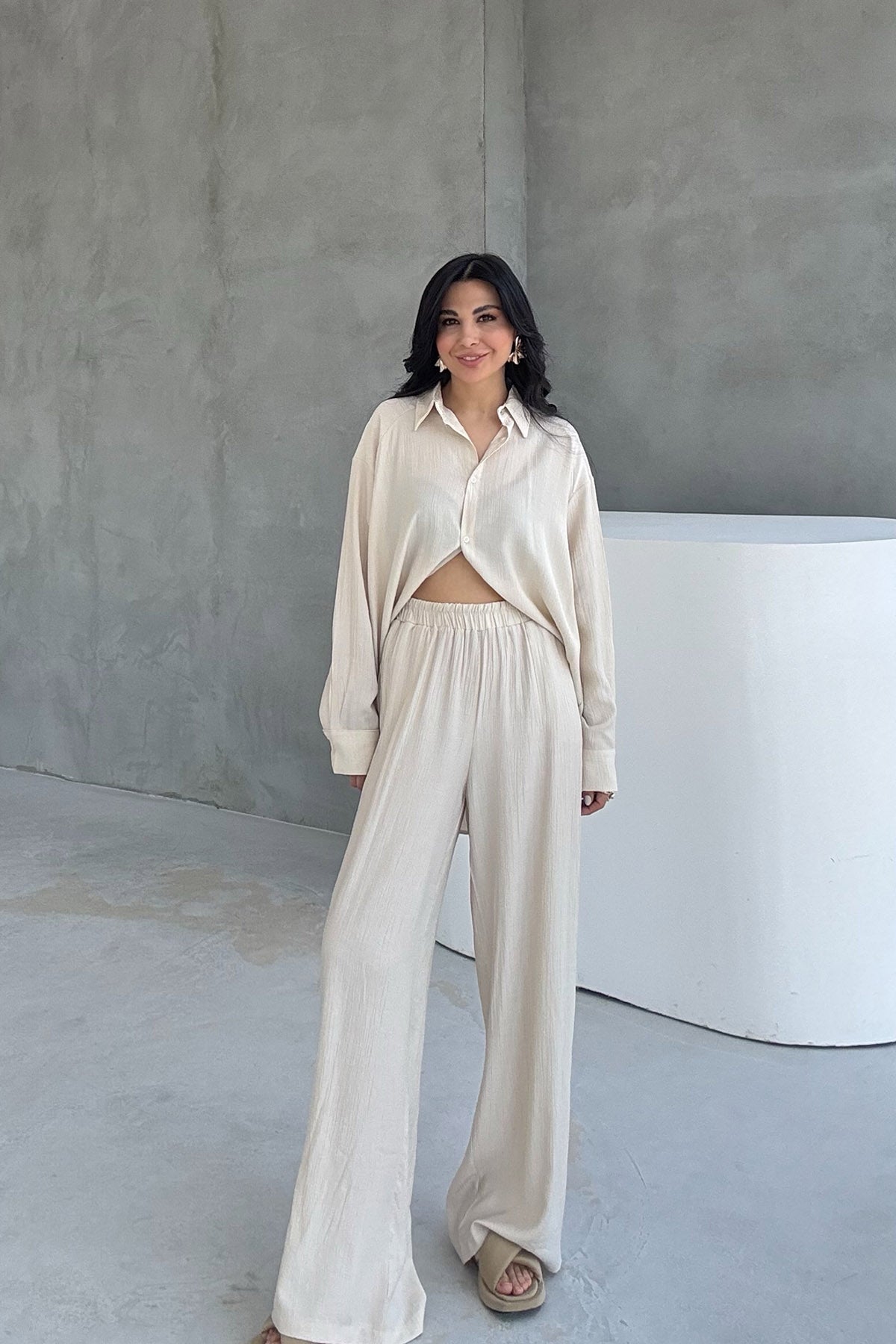 Bej Alice Gömlek Ve Bol Kesim Pantolon Takım SY-3095-Bej