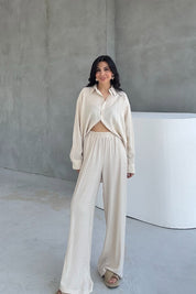 Bej Alice Gömlek Ve Bol Kesim Pantolon Takım SY-3095-Bej