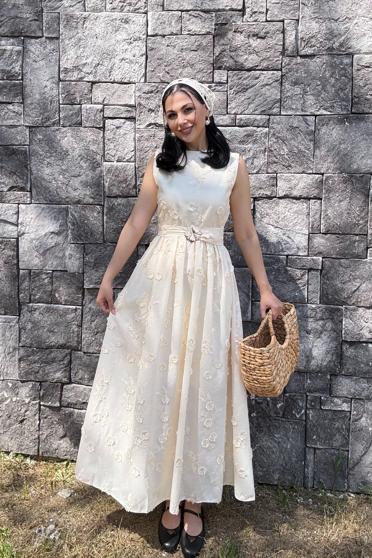 Santorini Çiçek Desenli Midi Elbise-Ekru SY-3661-Ekru