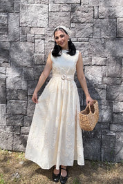 Santorini Çiçek Desenli Midi Elbise-Ekru SY-3661-Ekru