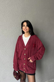 Bordo Logo Detay Yıkamalı Hırka SY-2751-Bordo