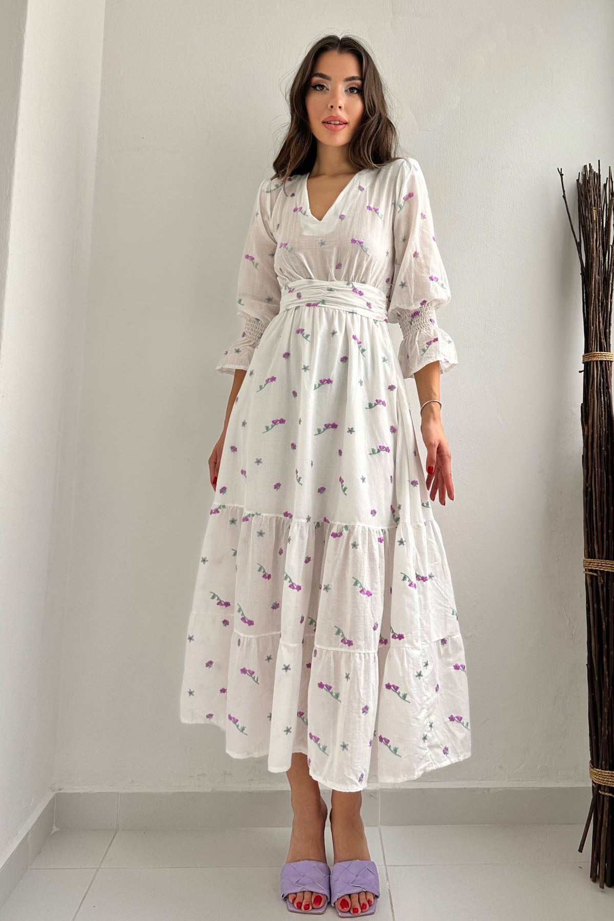 Mor Çiçek Nakışlı Gipeli Elbise SY-0347-Mor