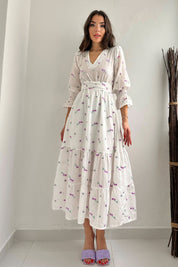 Mor Çiçek Nakışlı Gipeli Elbise SY-0347-Mor