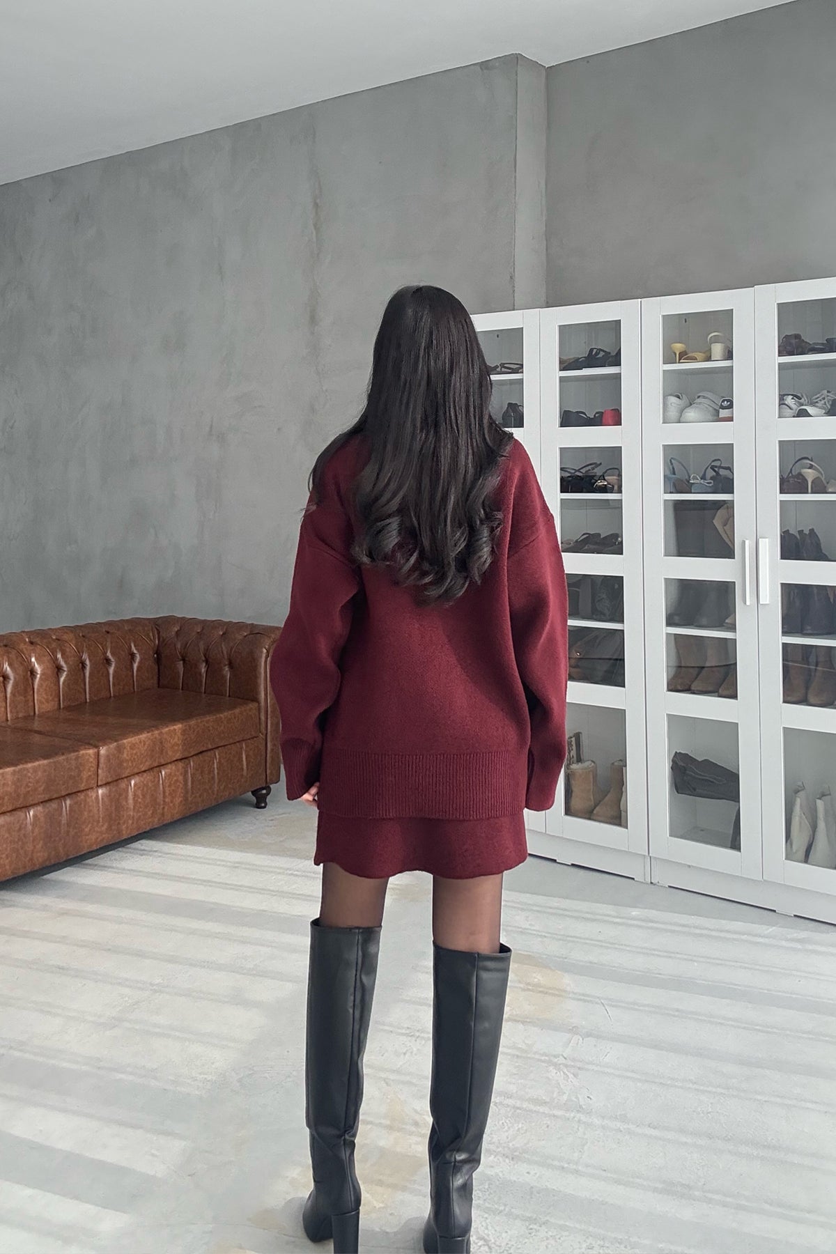 Bordo Bisiklet Yaka Mini Etek Kazak Takım SY-2811-Bordo