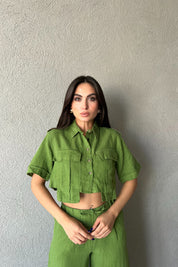 Yeşil Premium Keten Crop Gömlek SY-2216-Yeşil