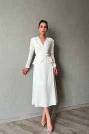 Ekru Gül Broş ve Pile Detaylı Kruvaze Elbise SY-1775-Ekru