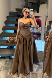 Rosalie Kahve Çizgili Korseli Elbise - Bandanalı Model SY-3741-Kahverengi