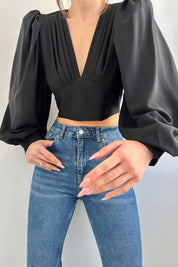 Siyah V Yaka Uzun Balon Kol Crop Bluz SY-0171-Siyah