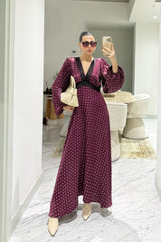 Bordo Puantiyeli Dantelli Saten Elbise SY-3579-Bordo