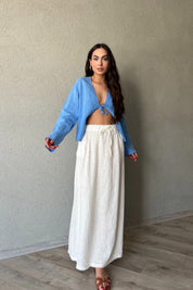 Ekru Beli Bağlama Detaylı Uzun Keten Etek SY-2154-Ekru