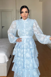 Bebe Mavisi Valonlu Şerit Detaylı Kat Kat Elbise SY-1747-Bebe Mavisi