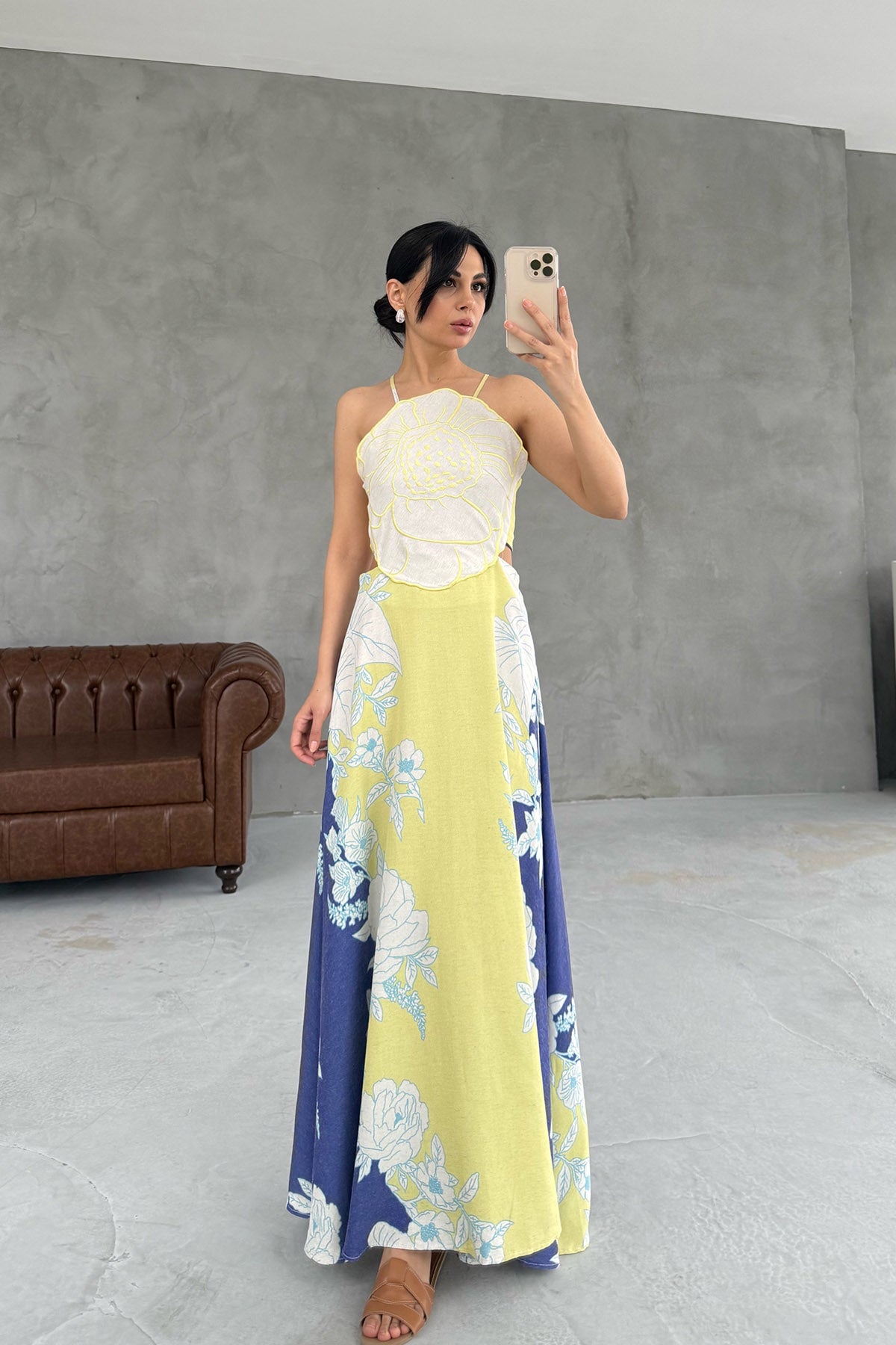 Sarı Renkli Positano Sırt Bağlamalı ve Çiçek Desenli Keten Elbise SY-2320-Sarı