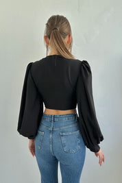 Siyah V Yaka Uzun Balon Kol Crop Bluz SY-0171-Siyah