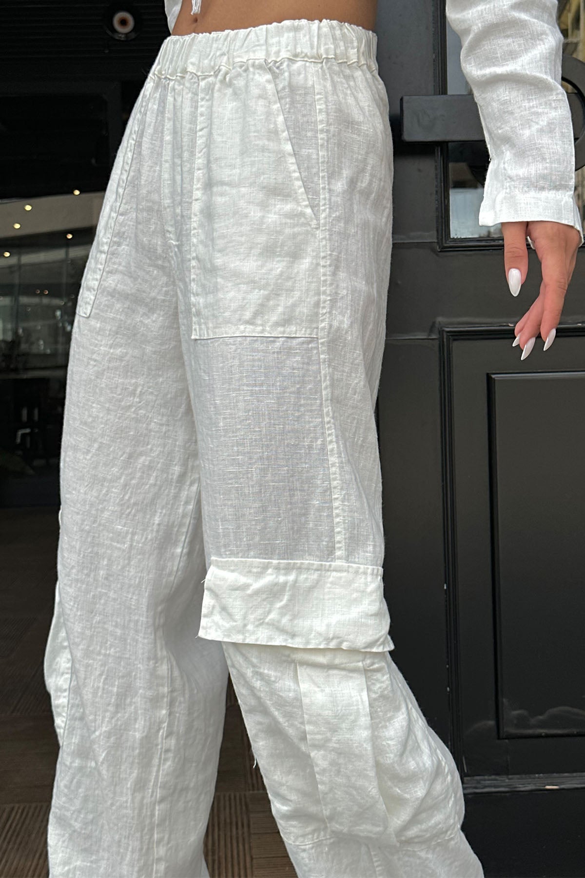 Ekru Kargo Cep Keten Pantolon SY-0713-Ekru