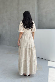 Marsilya Balon Kollu İşlemeli Bej Elbise SY-3222-Bej