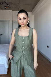 Haki Kare Yaka Düğmeli Yelekli Takım SY-3017-Haki