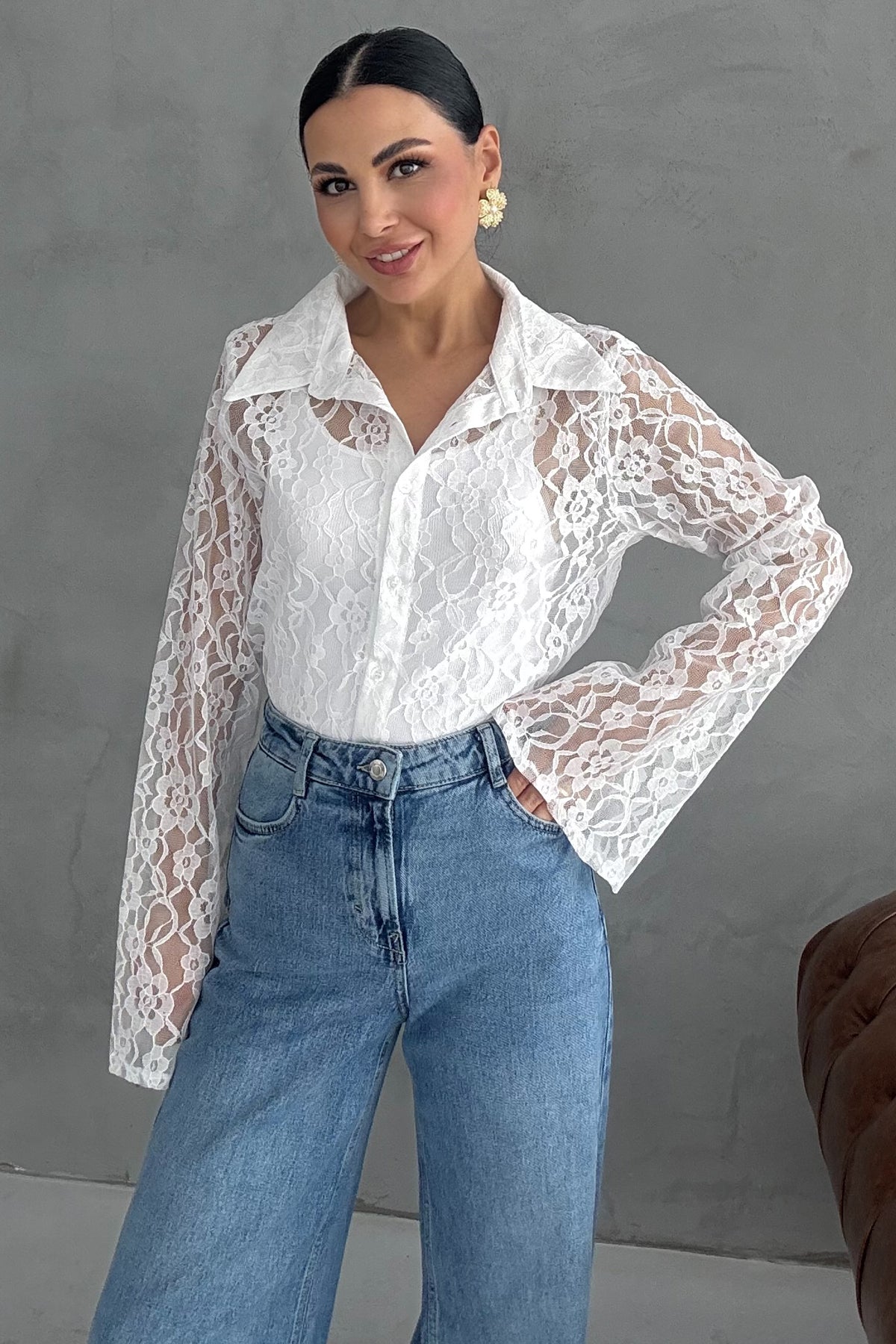 Beyaz İspanyol Kol Dantelli  Gömlek SY-3090-Beyaz