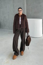 Acı Kahve Saçaklı Kürk Ceket SY-3388-Acı KAHVE