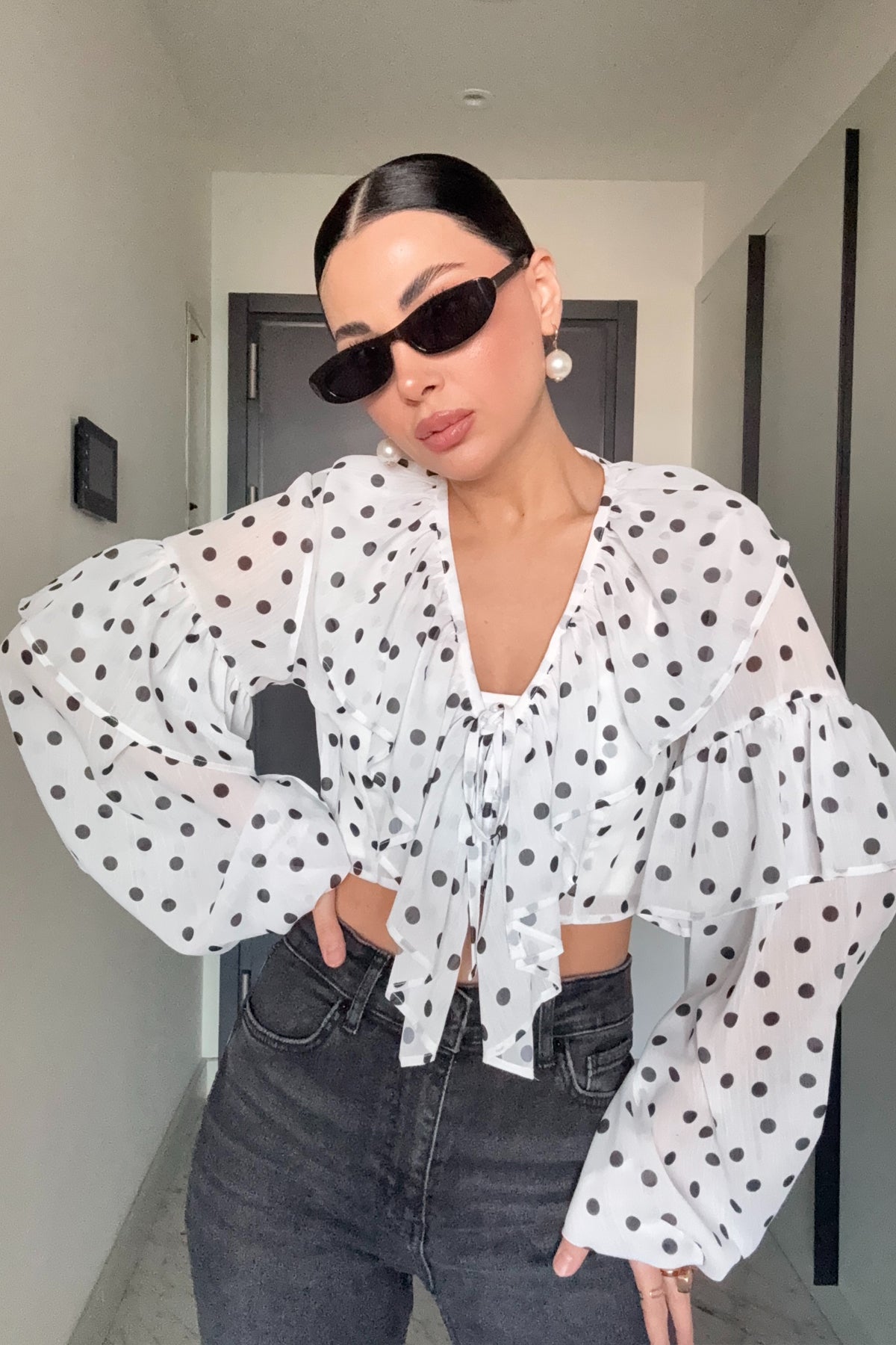Puantiyeli Crop Bluz Beyaz SY-3699-Beyaz