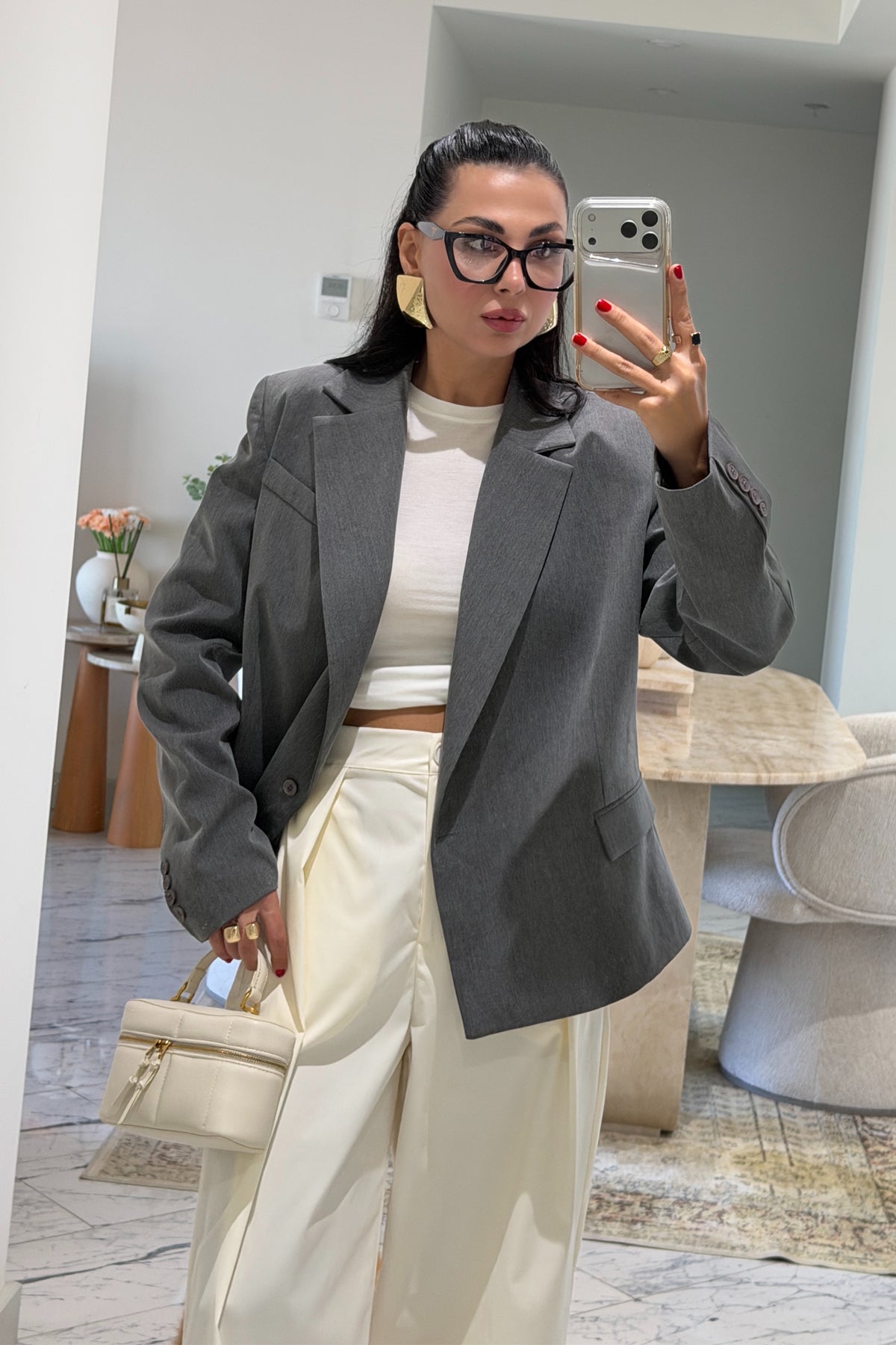 Gri Kruvaze Yandan Düğmeli Blazer Ceket SY-2546-Gri